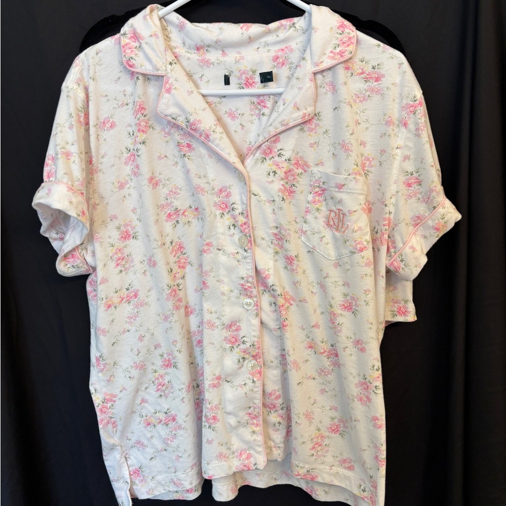 Lauren Ralph Lauren Ivory & Pink Floral Pajama Set Women’s XL Knit Button Up - Picture 2 of 13